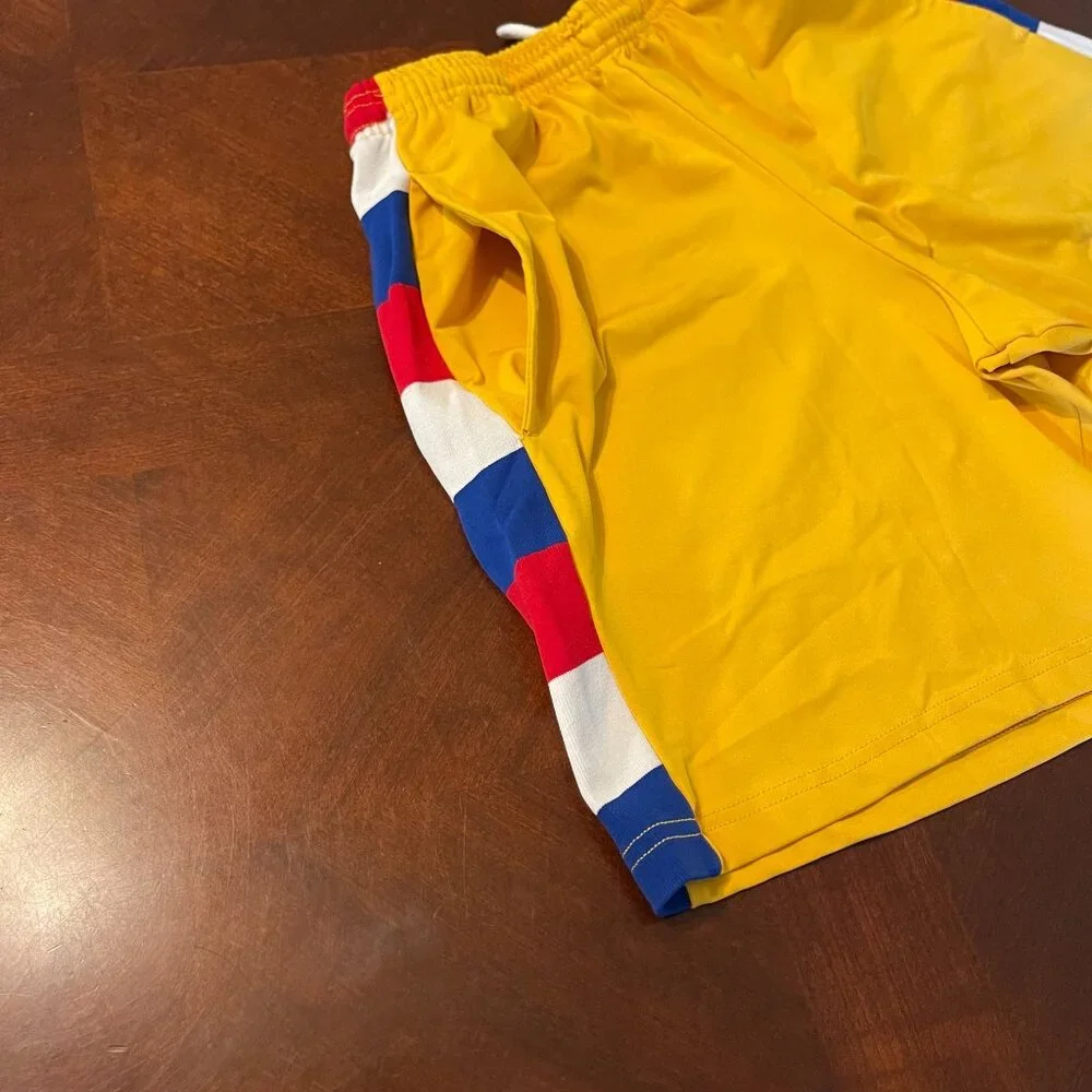 Fit 2 Win Lacrosse Shorts Yellow With Red/Blue Stripe Design & Elastic Waistband